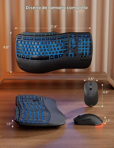 Vista 9 de Combo ergonómico de teclado y mouse inalámbricos, teclado retroiluminado recargable de 4000 mAh con un reposamanos suave de piel de cordero