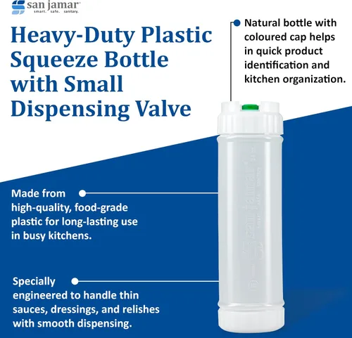 Vista 3 de San Jamar Ez Kleen - Botella de plástico para salsa con válvula pequeña para salsas finas y vinagretas, 16 onzas, blanco, natural/verde