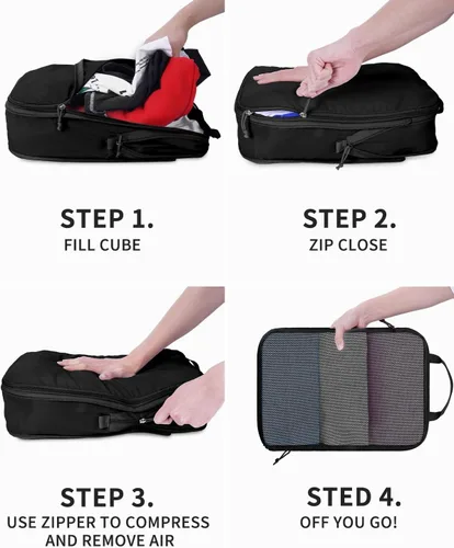 Vista 6 de Ceneda Juego de 7 cubos de compresión de embalaje para viajes, bolsas organizadoras de equipaje, organizador de maleta para artículos esenciales