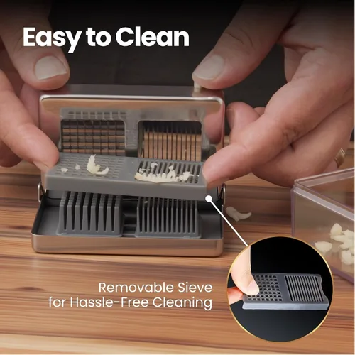 Vista 5 de Prensa de ajo Gourmet Easy de acero inoxidable, picador y cortador de ajo mini súper delgado 2 en 1, cortador de jengibre en cubos sin olor