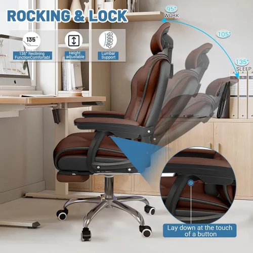 Vista 7 de Silla ejecutiva para computadora, silla de escritorio para oficina en casa, ángulo ajustable, ergonómica, de altura ajustable, sillas de piel Marrón