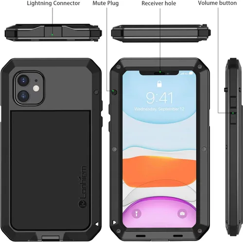 Vista 5 de Lanhiem Funda de metal para iPhone 11, resistente a los golpes, resistente a los golpes, con protector de pantalla de vidrio integrado, funda Negro