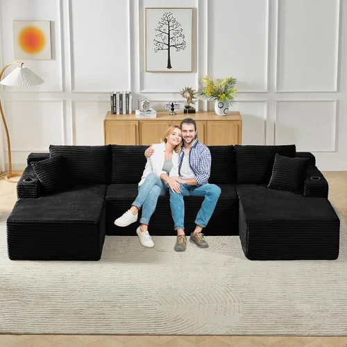 Vista 6 de Sofá modular de 133.5 pulgadas con tumbonas móviles, sofás deshuesados con portavasos para sala de estar, sofá modular en forma de U de gran