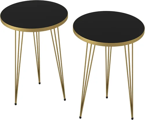 Vista 4 de Juego de 2 mesas auxiliares redondas de madera para sofá para espacios pequeños, mesita de noche con patas de metal para dormitorio, sala de estar