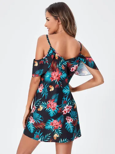 Vista 2 de Floerns Vestido bohemio de manga corta con hombros descubiertos y estampado tropical para mujer