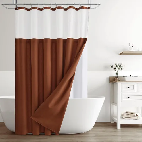 Vista 15 de Naturoom Cortina de ducha de lino de 72 pulgadas para baño, color beige y blanco, doble capa