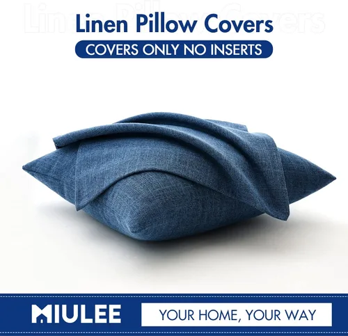 Vista 6 de MIULEE - Paquete de 2 fundas de almohada decorativas de lino de arpillera costera, estilo granja, para sofá, coche, sillón, dormitorio, sala de Azul