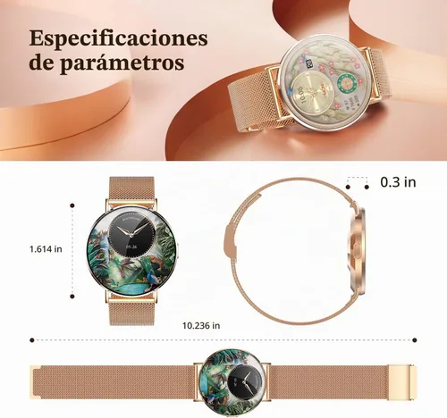 Vista 6 de Reloj inteligente pequeño para mujer, color oro rosa de 1.614 in, ultrafino, con cara redonda, para muñecas pequeñas y mujeres pequeñas, responde