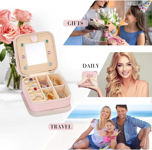 Vista 6 de Joyero personalizado y estuche organizador, joyero de viaje rosa con una inicial, regalos de cumpleaños para mujeres y niñas, esenciales de viaje
