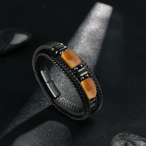 Vista 6 de Pulseras de cuero trenzado negro con ojo de tigre para hombre, hijo, nieto, novio, papá, marido, regalos para hombres, Navidad, cumpleaños, día