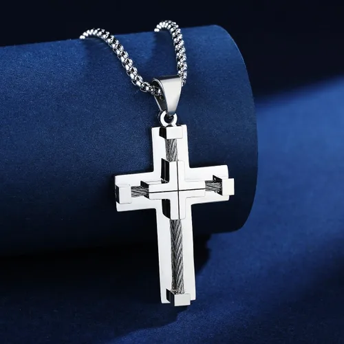 Vista 4 de Cross Necklace for Men 316L Stainless Steel Big Jesus Christ SilverGoldBlack Cross Pendant Necklace for boys Rolo Chain