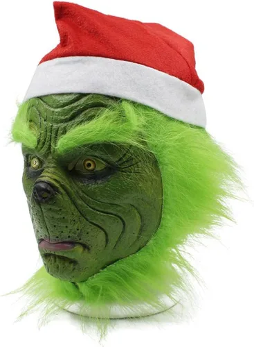 Vista 3 de Máscara de disfraz verde de Navidad, máscara de Halloween, máscara de monstruo de cosplay, máscara de látex de cabeza completa, accesorios