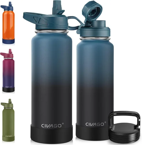 Vista 53 de CIVAGO Botella de agua aislada de 22 onzas con pajita, frasco de agua deportiva de acero inoxidable con 3 tapas