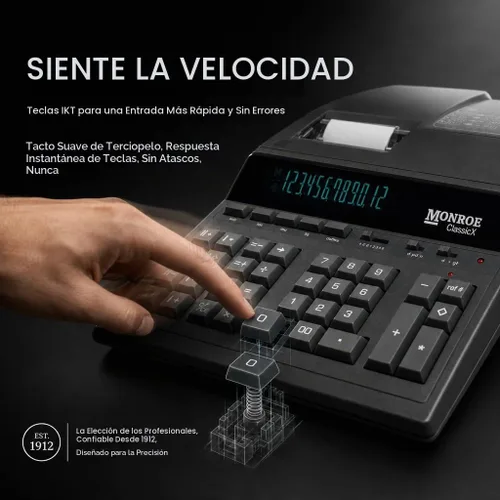 Vista 2 de Monroe ClassicX Calculadora de impresión resistente de 12 dígitos, rollo de papel cerrado, teclas táctiles de terciopelo, 5 líneas/segundo, memoria