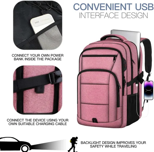 Vista 2 de Mochila de viaje grande, mochila grande para laptop de 17 pulgadas para hombres y mujeres con puerto de carga USB, Rosado, Rosa clásico