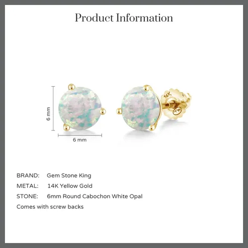 Vista 6 de Gem Stone King Aretes de tuerca con rosca de Martini de 3 puntas oro amarillo de 14 quilates color blanco ópalo simulado para mujer 150