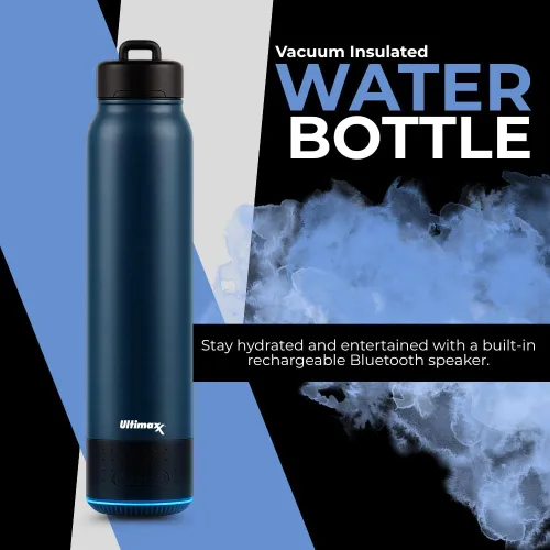 Vista 2 de Ultimaxx Botella de agua de alta calidad aislada al vacío con altavoz Bluetooth, diseño de doble pared de acero, luces, cierre de tapa, conveniente