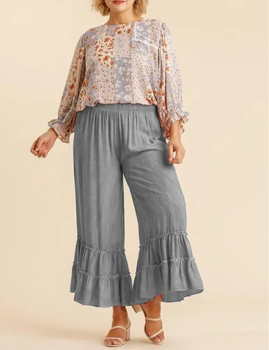 Vista 6 de Mundoven Pantalones de lino palazzo fluidos para mujer, elásticos, de cintura alta, pierna ancha, con volantes, holgados, pantalones de playa