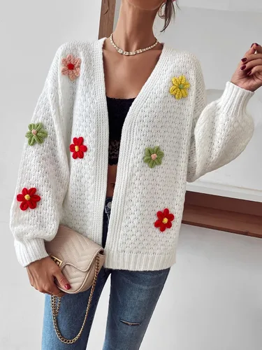 Vista 5 de Verdusa Suéter de punto con apliques florales y manga de obispo para mujer