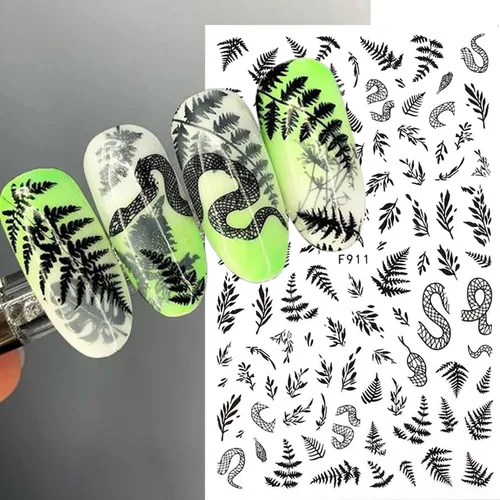 Vista 2 de Calcomanías de uñas autoadhesivas 3D de rosa negra, diseño holográfico de serpiente, sol, estrellas, decoración para mujeres, consejos de manicura