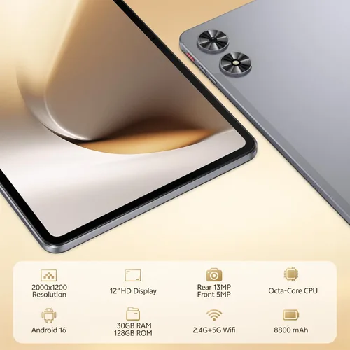 Vista 5 de 12 Inch Android 16 Tablet, 2K Display, 30GB RAM, 128GB Storage Expandable Android Tablet 8800mAh battery with USB-C GPS Face Unlock Widevine L1