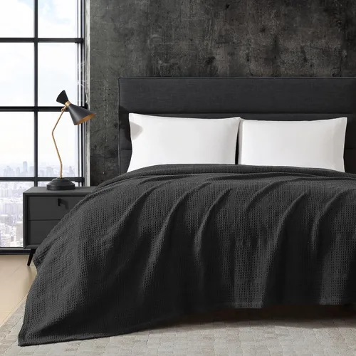 Vista 11 de Kenneth Cole - Manta tamaño King, manta de algodón 100% texturizado de rejilla de gofre para cama o sofá, ligera y transpirable para comodidad Negro