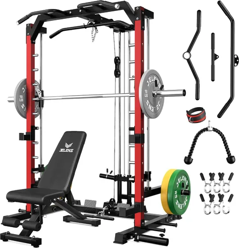 Vista 19 de JELENS SR01 Smith Machine, jaula de potencia multifunción de 2000 libras con sistema de extracción LAT, estante para sentadillas todo en uno