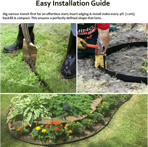 Vista 5 de Borde de jardín de plástico negro, bobina de borde de 5 pulgadas de alto, flexible y reforzado con tratamiento anti-UV (20 pies con 6 estacas)