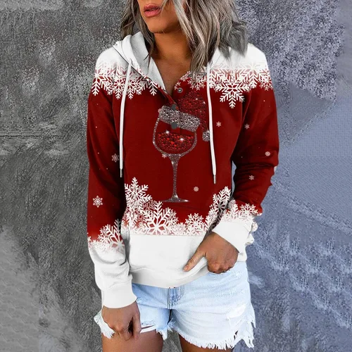 Vista 3 de Sudadera para mujer, con estampado de botones de Navidad, con capucha, cordón de Navidad, manga larga, bolsillo
