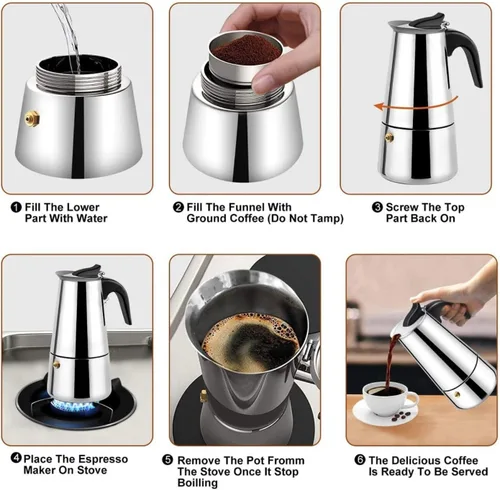 Vista 4 de Yosoo Cafetera, cafetera de acero inoxidable, cafetera para estufa, cafetera con filtro superior, cafetera fácil de limpiar (15.2 fl oz, 9 tazas)