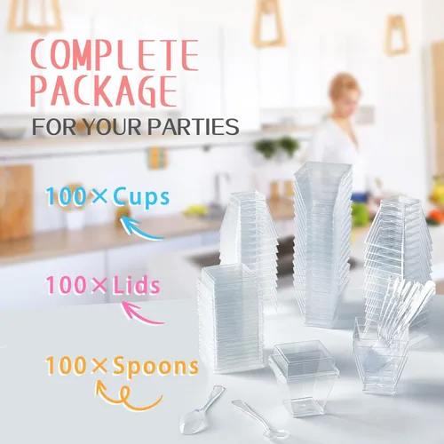 Vista 5 de Mini tazas de postre de 2 onzas con tapas y cucharas, paquete de 100 vasos de plástico para postres pequeños vasos cuadrados para servir fiestas