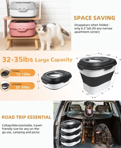 Vista 9 de 30-35 Lbs Contenedor de almacenamiento de alimentos para perros plegable Large Pet Food Storage with Airtight Lids,Wheels,Scoop and 2Pcs Food