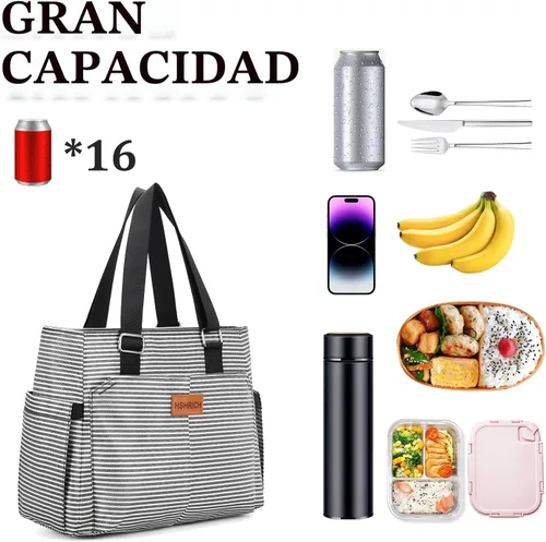 Vista 3 de Bolsas de almuerzo grandes para mujer, lonchera aislada para adultos, bolsa de almuerzo a prueba de fugas con bolsillo de almacenamiento. Bolsa