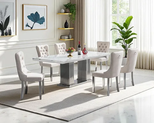 Vista 14 de Juego de mesa de comedor de mármol para 4, mesa de cocina rectangular de mármol negro de 68 pulgadas con base en H de acero inoxidable dorado, juego