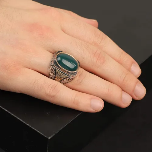 Vista 6 de Anillo de jade de plata de ley 925K, anillo de jade para hombres, anillo único para hombres, anillo de piedra natural, anillo de piedra de jade