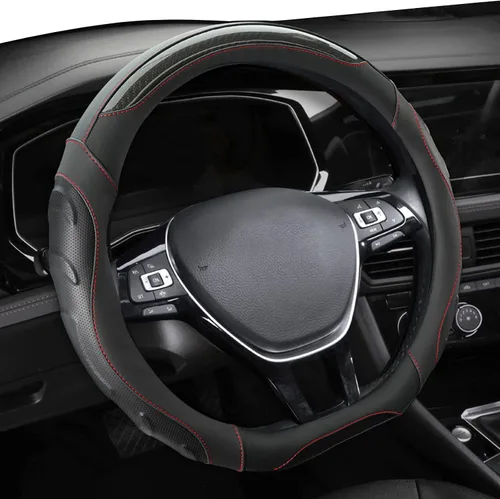 Vista 3 de Ergocar Funda deportiva en forma de D, transpirable, antideslizante, de fibra de carbono y piel de microfibra, protector de volante de automóvil