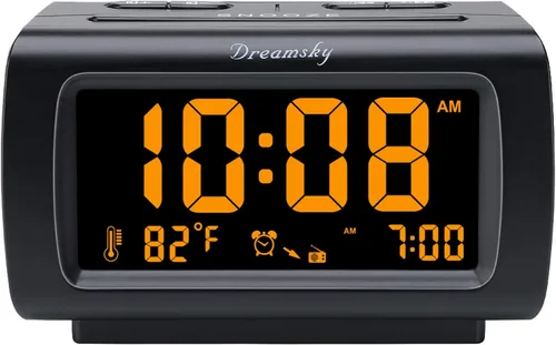 Vista 8 de DreamSky - Relojes despertadores de radio para dormitorios con respaldo de batería, números grandes y brillantes con regulador de intensidad, puerto