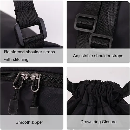 Vista 5 de Mochila deportiva con cordón, bolsa de gimnasio impermeable para mujeres y hombres, paquete de baloncesto con compartimento para zapatos, Negro