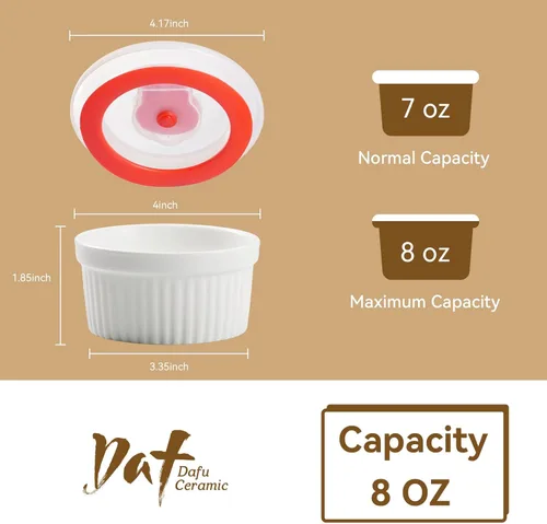 Vista 2 de Dafuceramic Ramequines con tapas, de 8 onzas, color blanco, creme Brulee, moldes de cerámica aptos para horno, juego de 6 natillas de porcelana