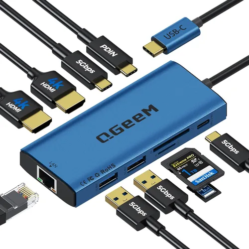 Vista 9 de Hub USB C, estación de acoplamiento para laptop 10 en 1, monitor dual individual 8K y 2x4K @60Hz, adaptador multipuerto tipo C con 2 HDMI, PD100W