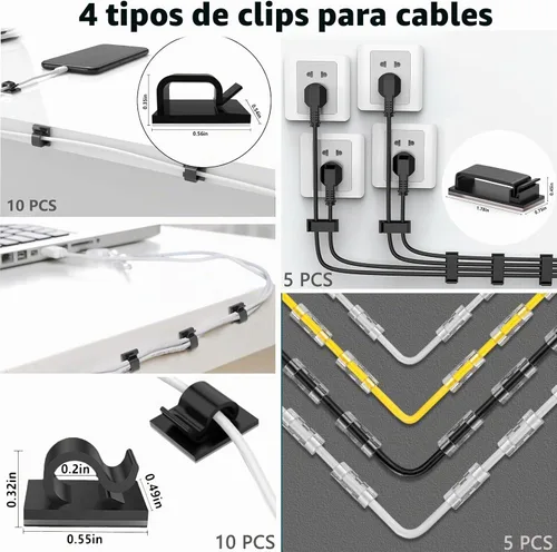 Vista 4 de ELII 302PCS Kit de gestión de cables 4 fundas para cables, 45 clips para cables