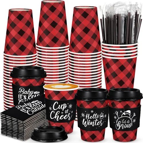 Vista 7 de Layhit 100 Piezas Tazas de Café Navideñas de Cuadros Buffalo, Vasos de Papel Navideños Desechables con Tapas, Fundas y Pajitas Removedoras