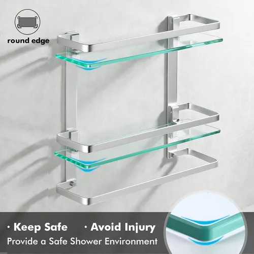 Vista 7 de KES Estante de vidrio templado para baño, estante de vidrio de almacenamiento de 2 niveles, rectangular con barra montado en la pared, acabado