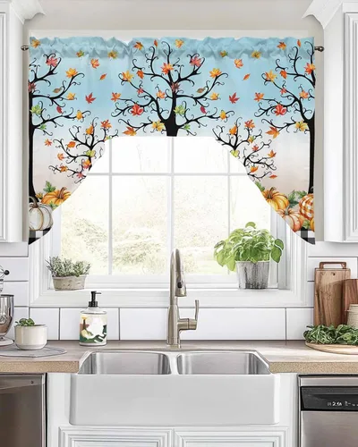 Vista 10 de Pumpkins Thanksgiving Kitchen Curtains Swag Valance and Tier Curtains Set 24 Inch Length, Fall Watercolor Botanical Leaves Retro Rod Pocket Drape