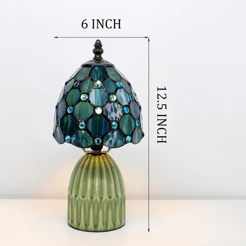 Vista 3 de Tiffany Stained Glass Mushroom Table Lamp 12.5 Inch -Sea Blue Pearl