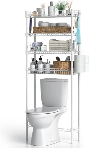 Vista 9 de Hodonas Estante de almacenamiento sobre el inodoro, organizador de baño ajustable con soporte para papel higiénico y 8 ganchos, 3 niveles de metal