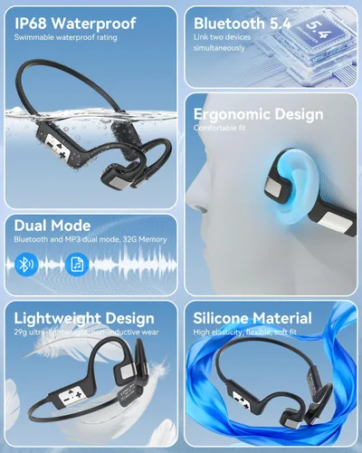 Vista 8 de MONODEAL Auriculares de conducción ósea, auriculares de natación, IP68 impermeables Bluetooth 5.4, memoria MP3 de 32 GB integrada, auriculares