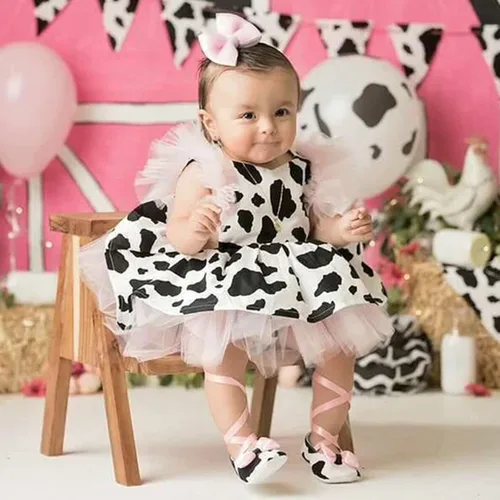 Vista 3 de Vestido de mameluco para niñas pequeñas con estampado de vaca, ropa de tul para recién nacidas, tutú elegante (multicolor, 3-4 años)
