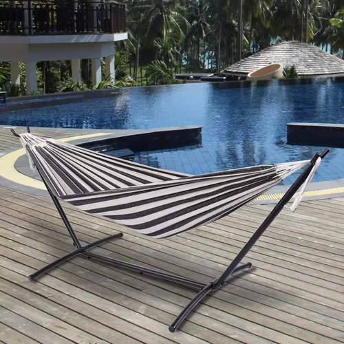 Vista 3 de Prime Garden - Hamaca con soporte para exterior, soporte de acero resistente y ahorro de espacio con capacidad de 450 lb, hamaca doble con bolsa