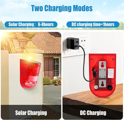 Vista 5 de Qualirey Alarma solar de sonido y luz, sensor de movimiento, sirena de seguridad para exteriores, 129 db, detector activado impermeable, alarma